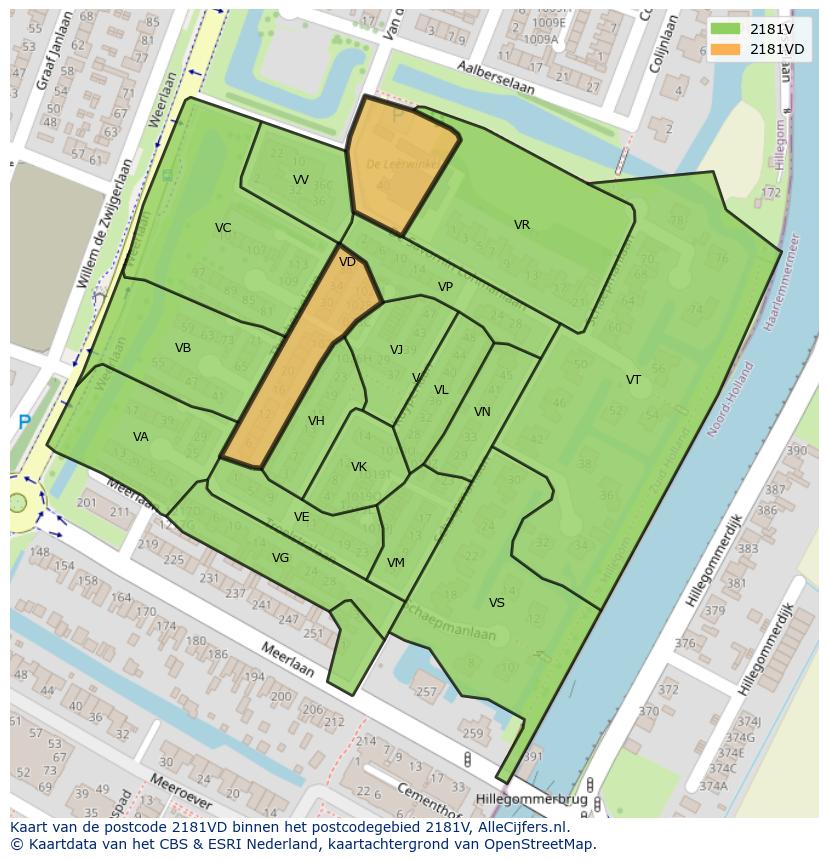 Afbeelding van het postcodegebied 2181 VD op de kaart.