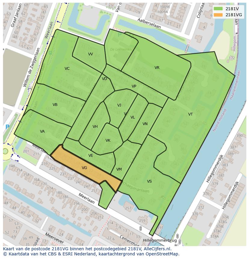 Afbeelding van het postcodegebied 2181 VG op de kaart.