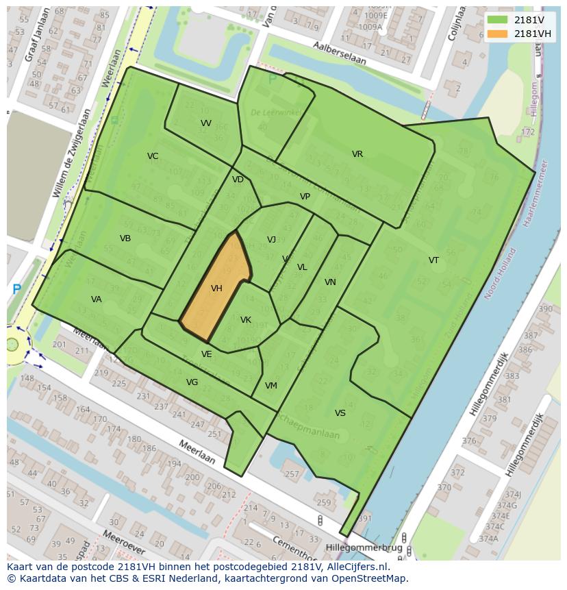 Afbeelding van het postcodegebied 2181 VH op de kaart.
