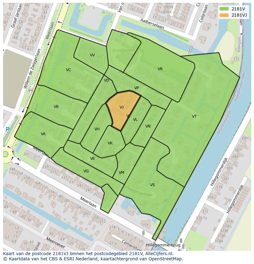 Afbeelding van het postcodegebied 2181 VJ op de kaart.