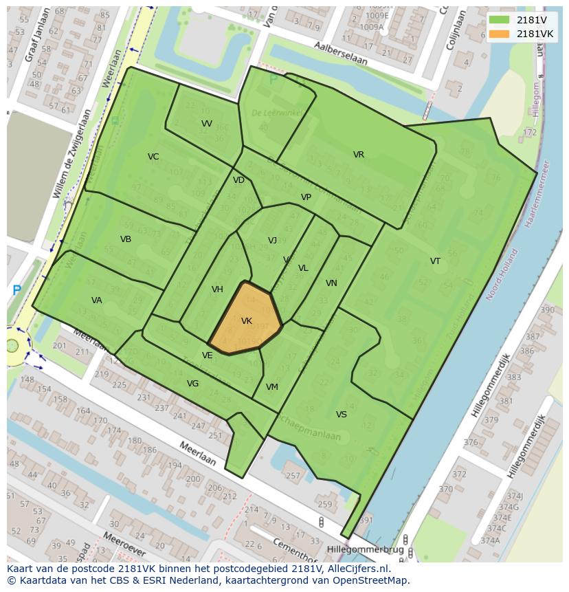 Afbeelding van het postcodegebied 2181 VK op de kaart.