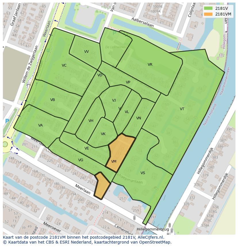 Afbeelding van het postcodegebied 2181 VM op de kaart.