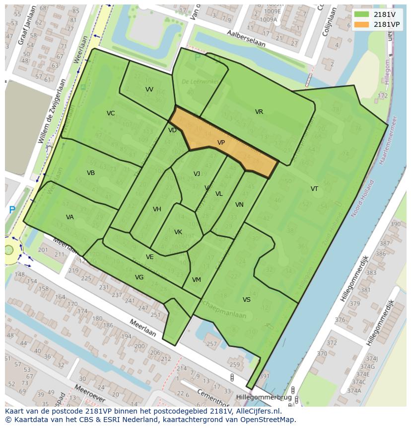 Afbeelding van het postcodegebied 2181 VP op de kaart.