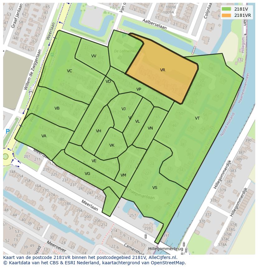 Afbeelding van het postcodegebied 2181 VR op de kaart.