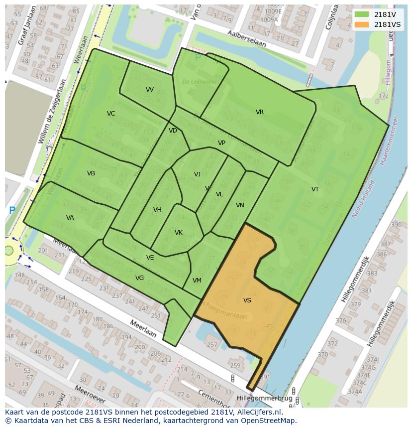 Afbeelding van het postcodegebied 2181 VS op de kaart.