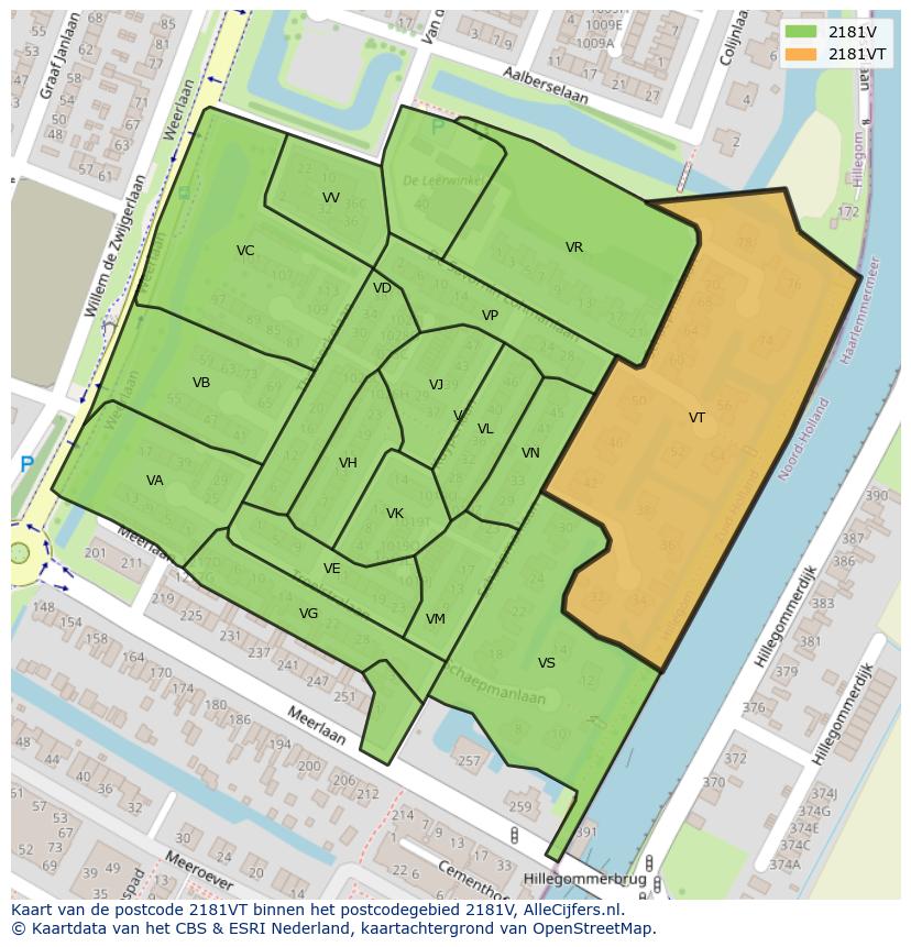 Afbeelding van het postcodegebied 2181 VT op de kaart.