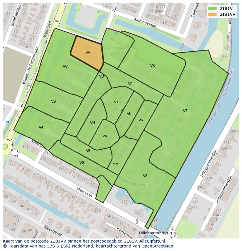 Afbeelding van het postcodegebied 2181 VV op de kaart.