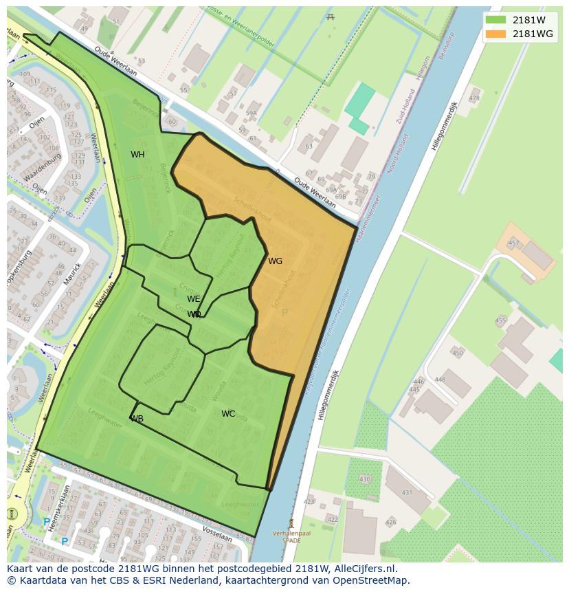 Afbeelding van het postcodegebied 2181 WG op de kaart.