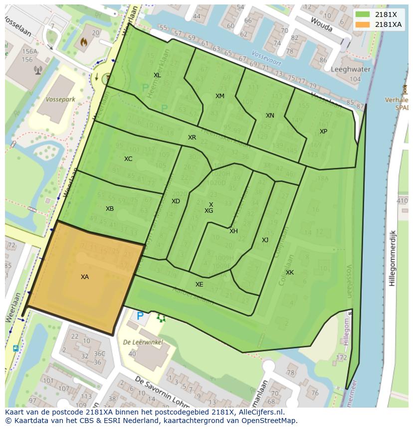 Afbeelding van het postcodegebied 2181 XA op de kaart.