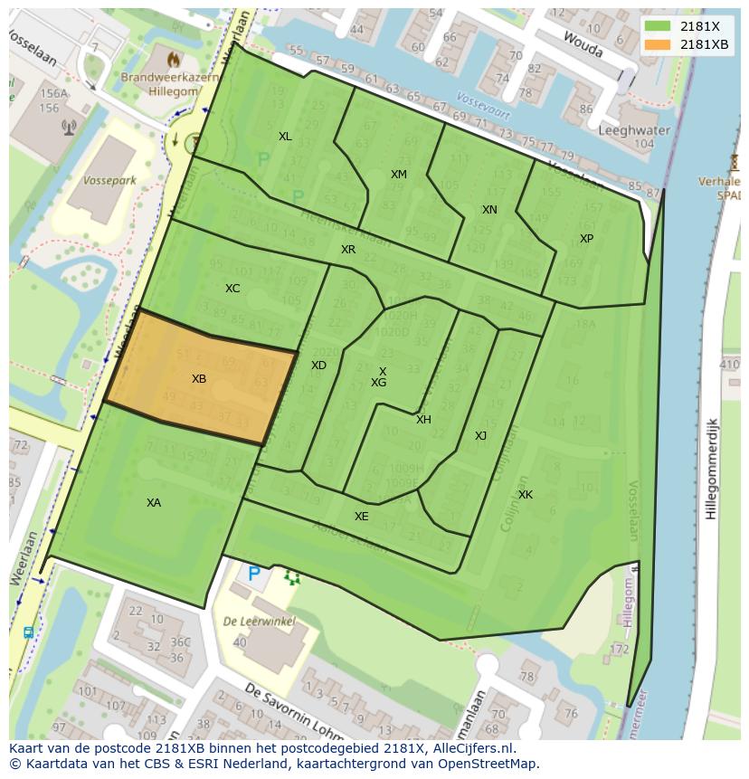 Afbeelding van het postcodegebied 2181 XB op de kaart.
