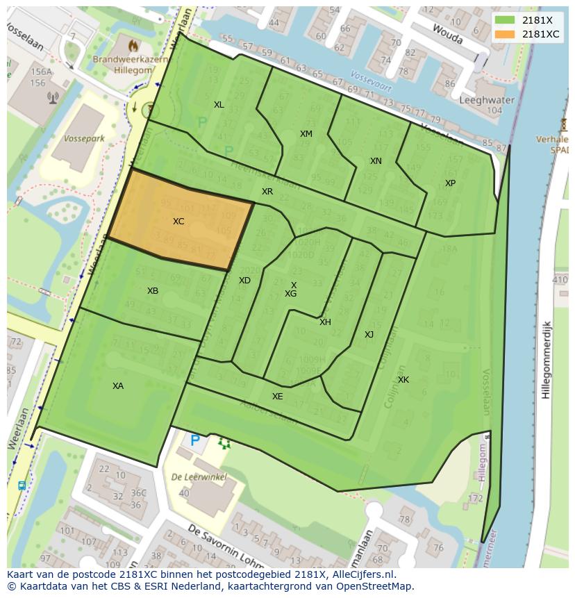Afbeelding van het postcodegebied 2181 XC op de kaart.