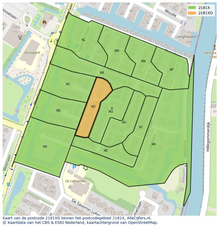 Afbeelding van het postcodegebied 2181 XD op de kaart.