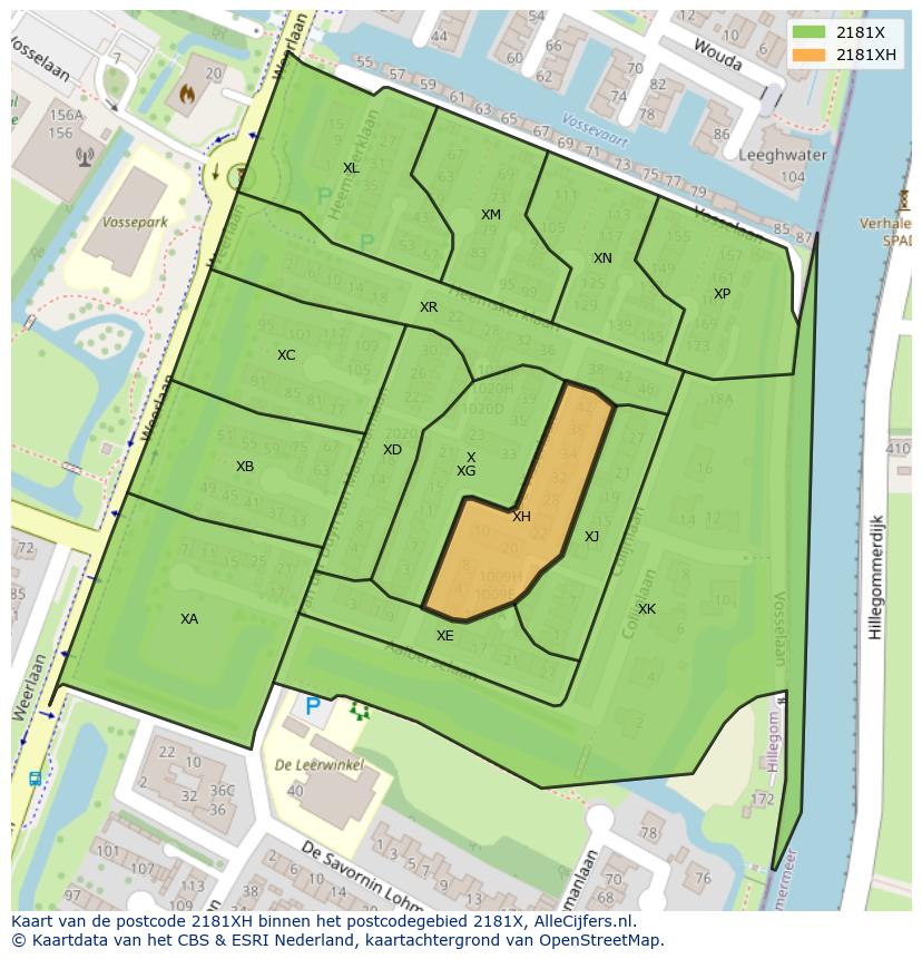 Afbeelding van het postcodegebied 2181 XH op de kaart.