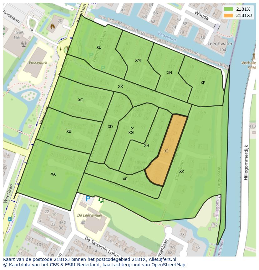Afbeelding van het postcodegebied 2181 XJ op de kaart.