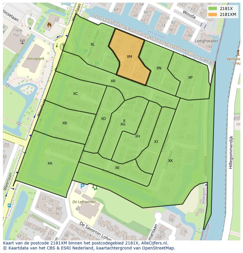 Afbeelding van het postcodegebied 2181 XM op de kaart.