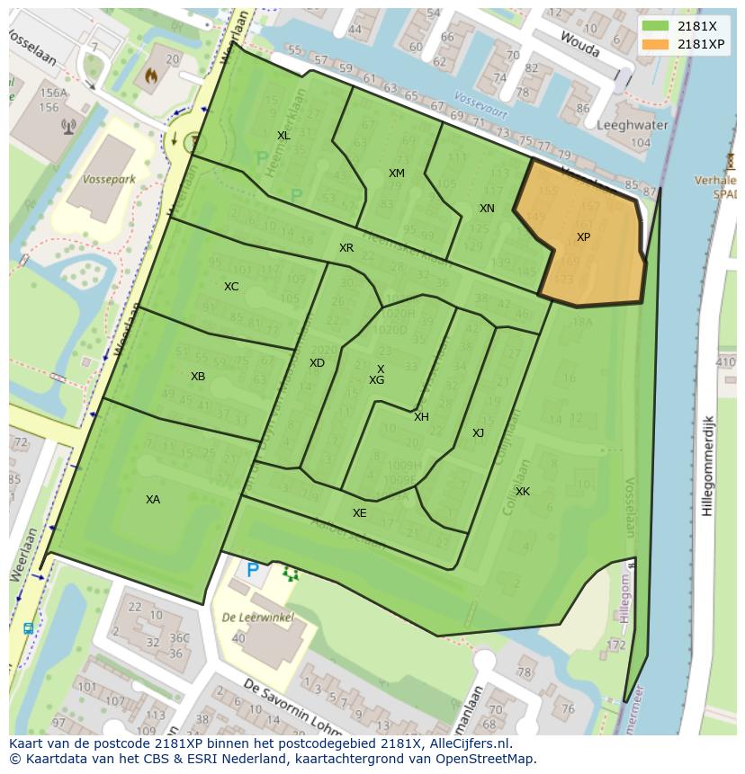 Afbeelding van het postcodegebied 2181 XP op de kaart.