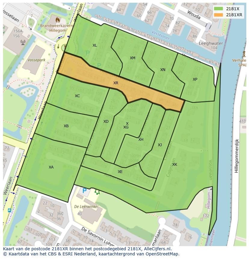 Afbeelding van het postcodegebied 2181 XR op de kaart.
