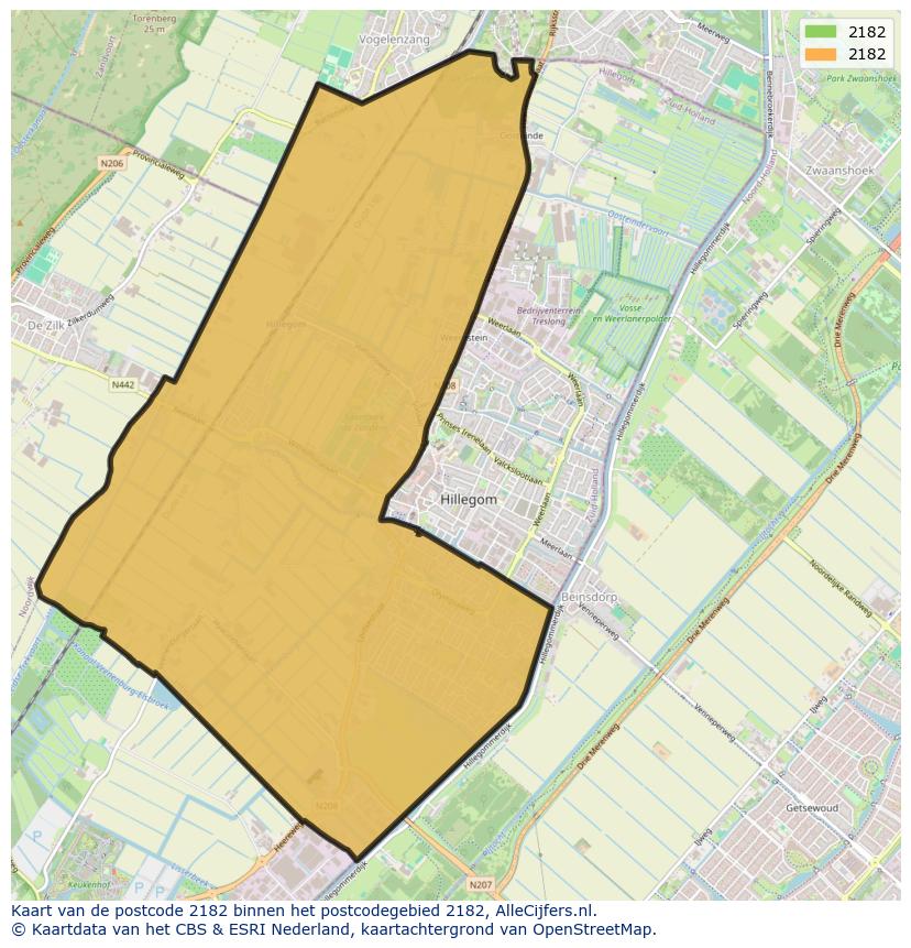 Afbeelding van het postcodegebied 2182 op de kaart.