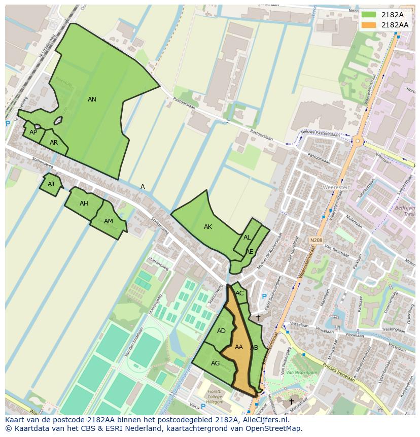 Afbeelding van het postcodegebied 2182 AA op de kaart.