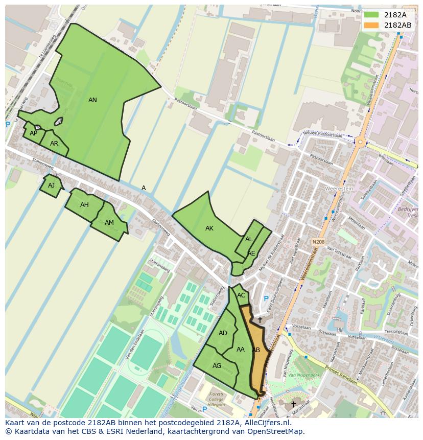 Afbeelding van het postcodegebied 2182 AB op de kaart.
