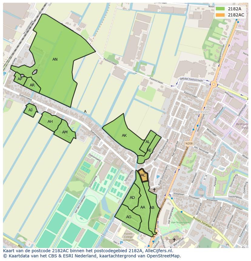 Afbeelding van het postcodegebied 2182 AC op de kaart.