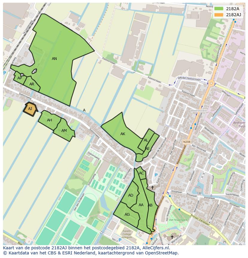 Afbeelding van het postcodegebied 2182 AJ op de kaart.