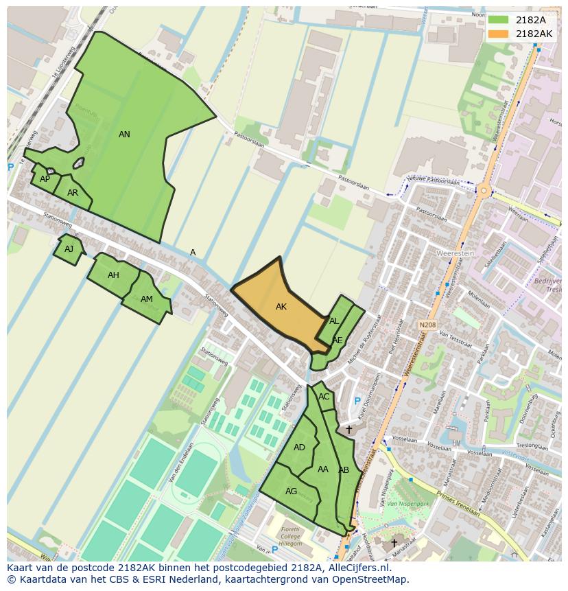 Afbeelding van het postcodegebied 2182 AK op de kaart.