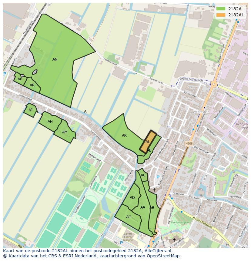 Afbeelding van het postcodegebied 2182 AL op de kaart.