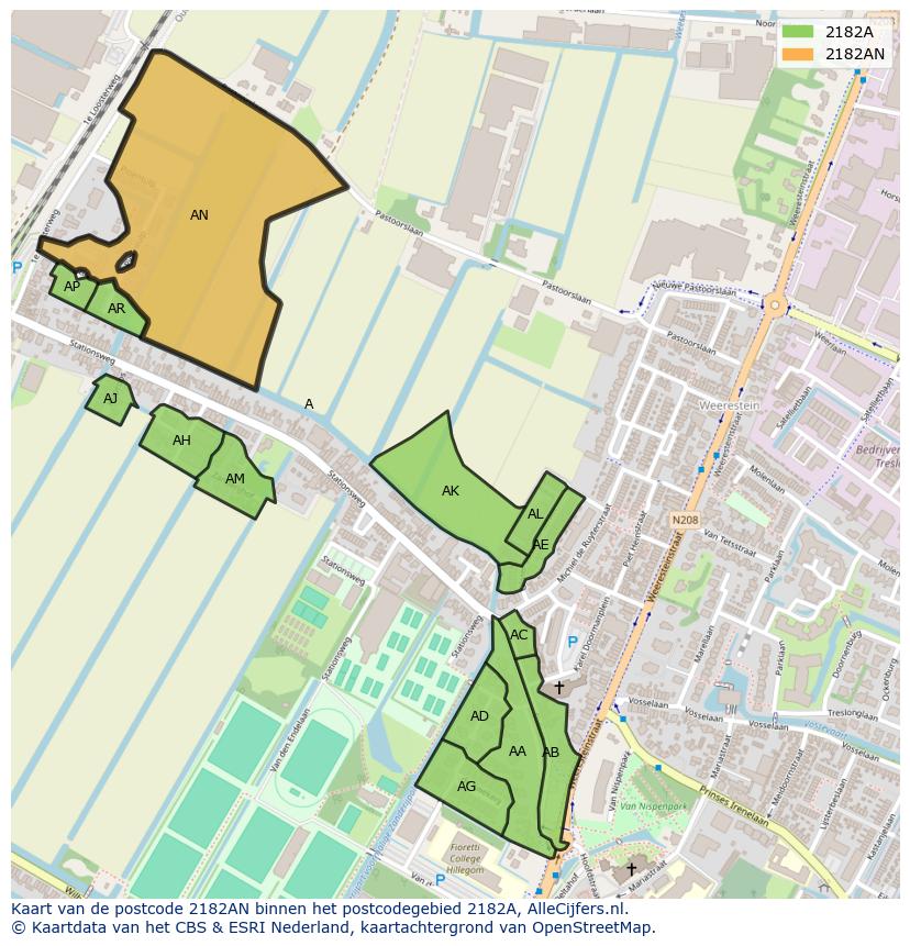 Afbeelding van het postcodegebied 2182 AN op de kaart.