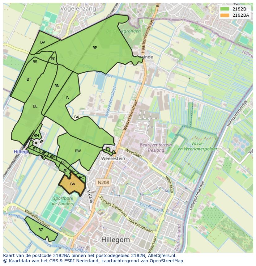 Afbeelding van het postcodegebied 2182 BA op de kaart.