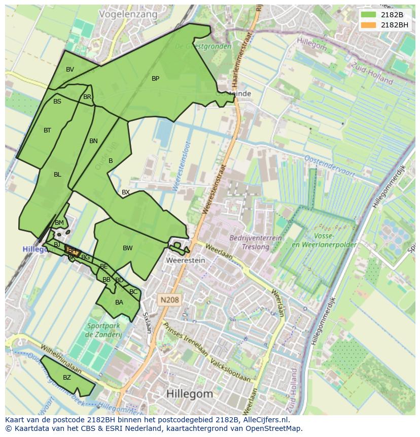 Afbeelding van het postcodegebied 2182 BH op de kaart.