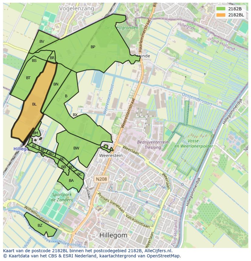 Afbeelding van het postcodegebied 2182 BL op de kaart.
