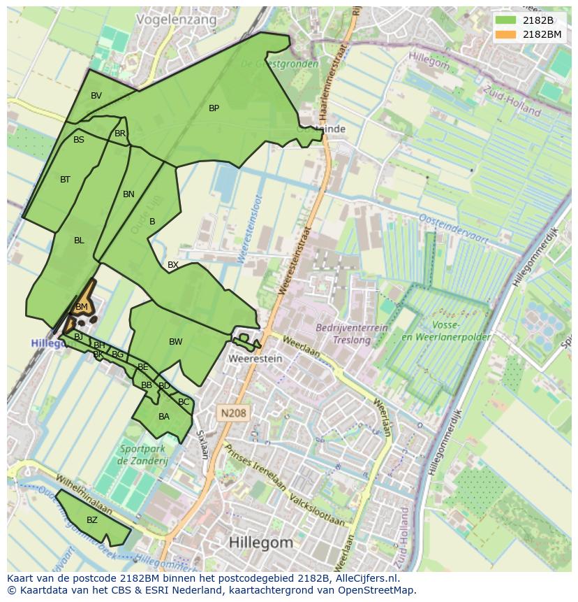Afbeelding van het postcodegebied 2182 BM op de kaart.