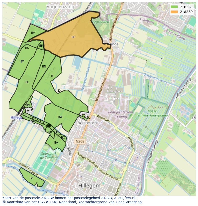 Afbeelding van het postcodegebied 2182 BP op de kaart.