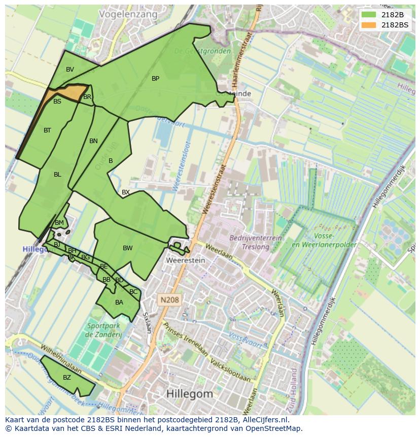 Afbeelding van het postcodegebied 2182 BS op de kaart.