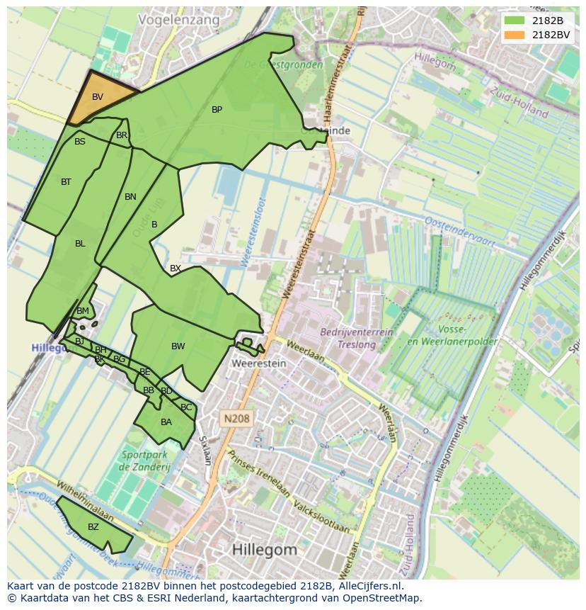 Afbeelding van het postcodegebied 2182 BV op de kaart.