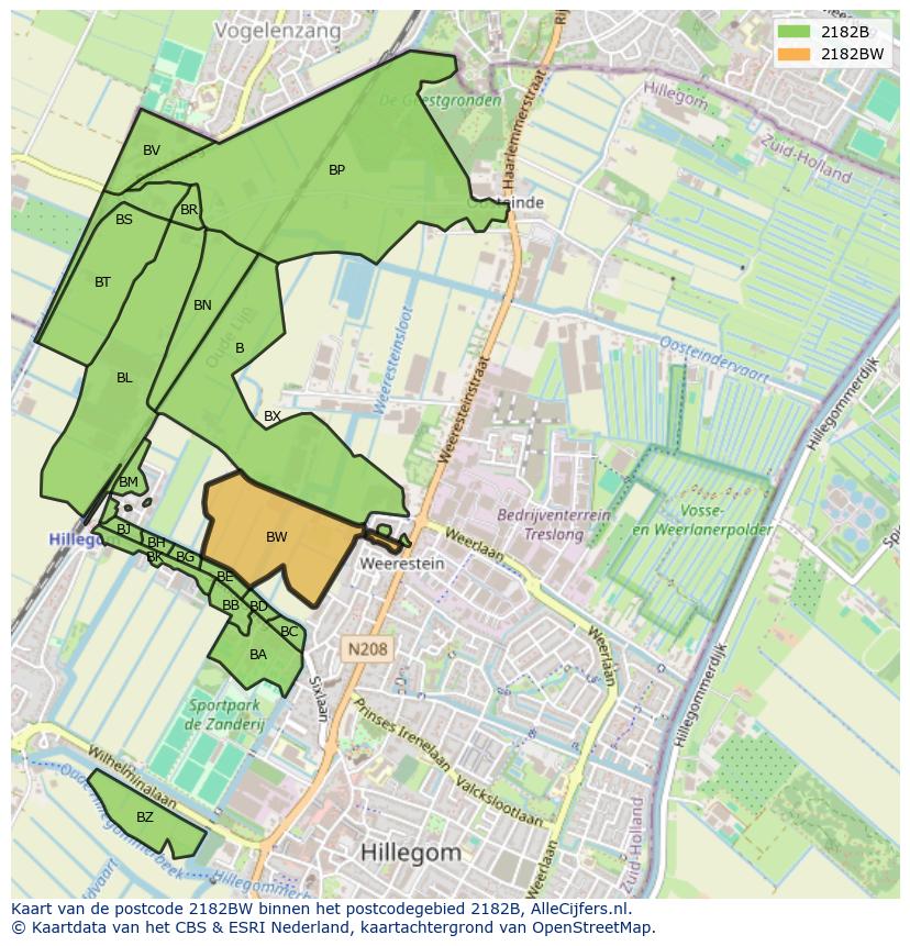 Afbeelding van het postcodegebied 2182 BW op de kaart.
