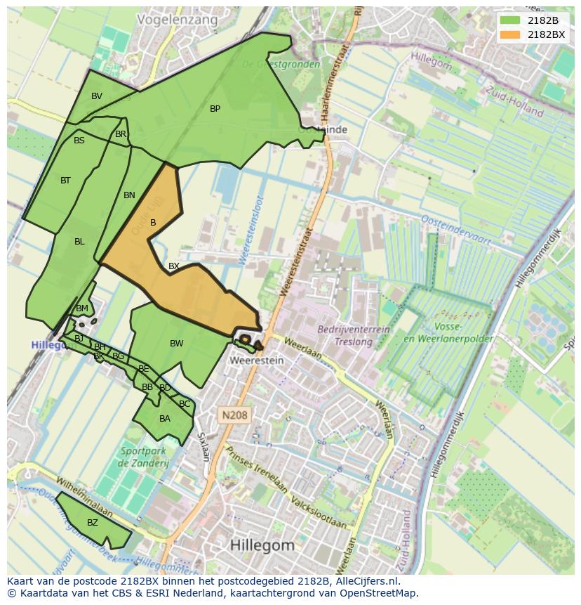 Afbeelding van het postcodegebied 2182 BX op de kaart.