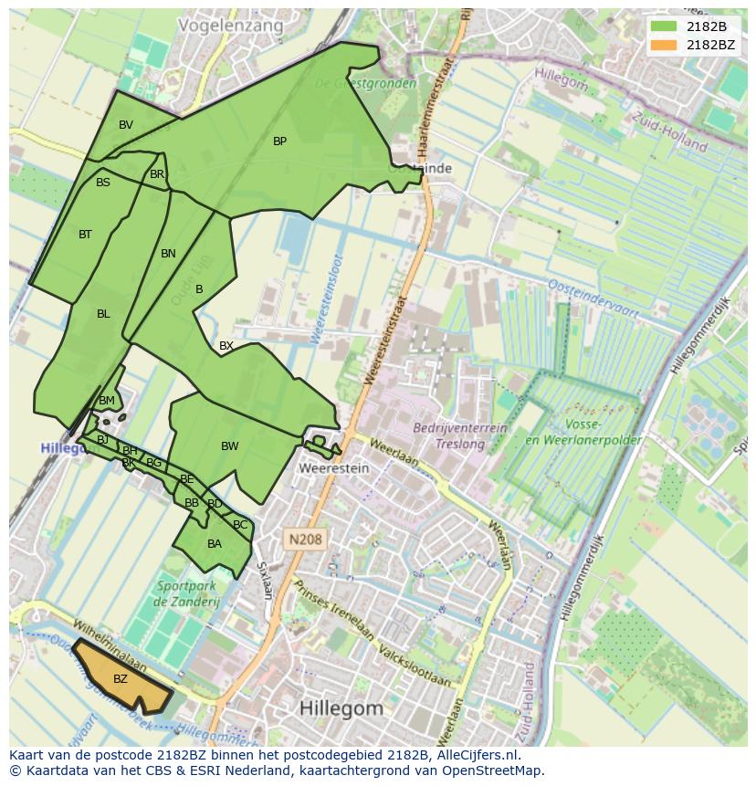 Afbeelding van het postcodegebied 2182 BZ op de kaart.