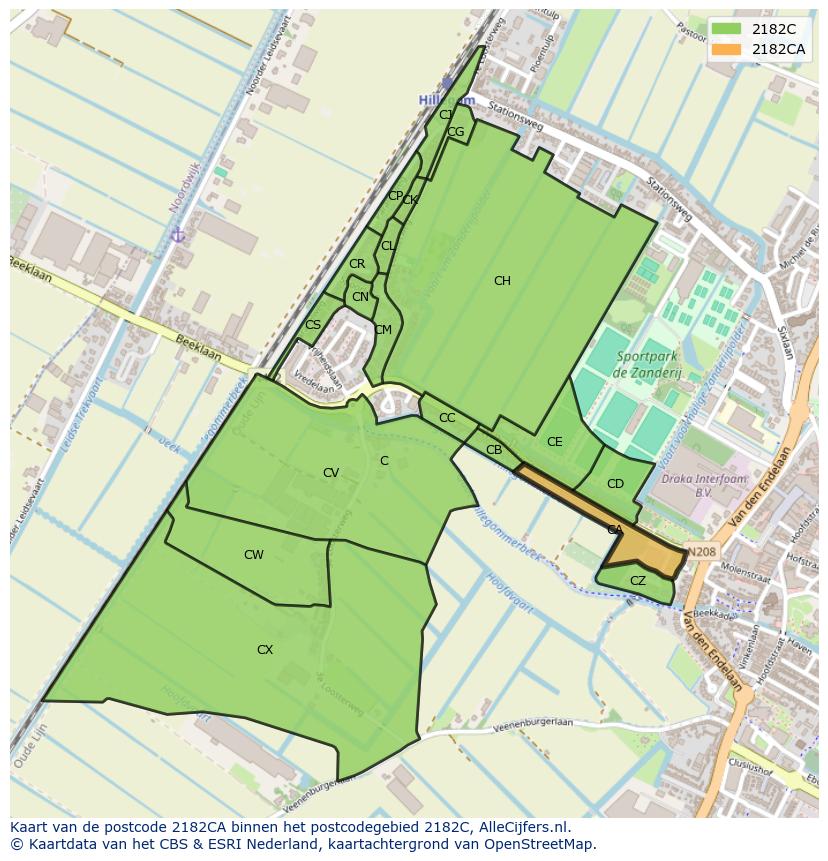 Afbeelding van het postcodegebied 2182 CA op de kaart.