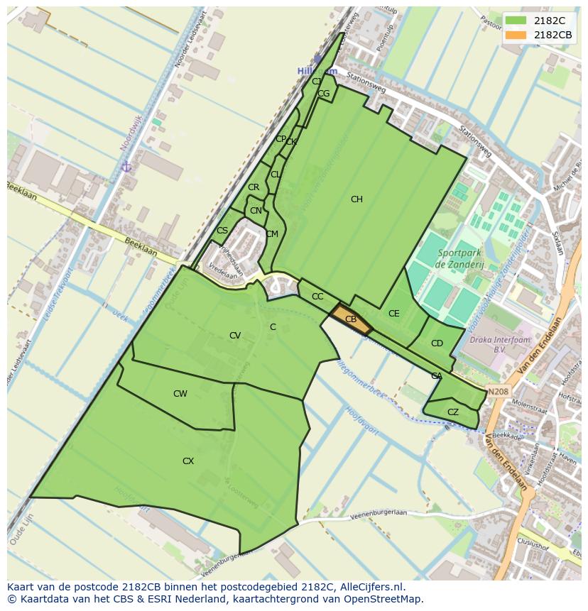 Afbeelding van het postcodegebied 2182 CB op de kaart.