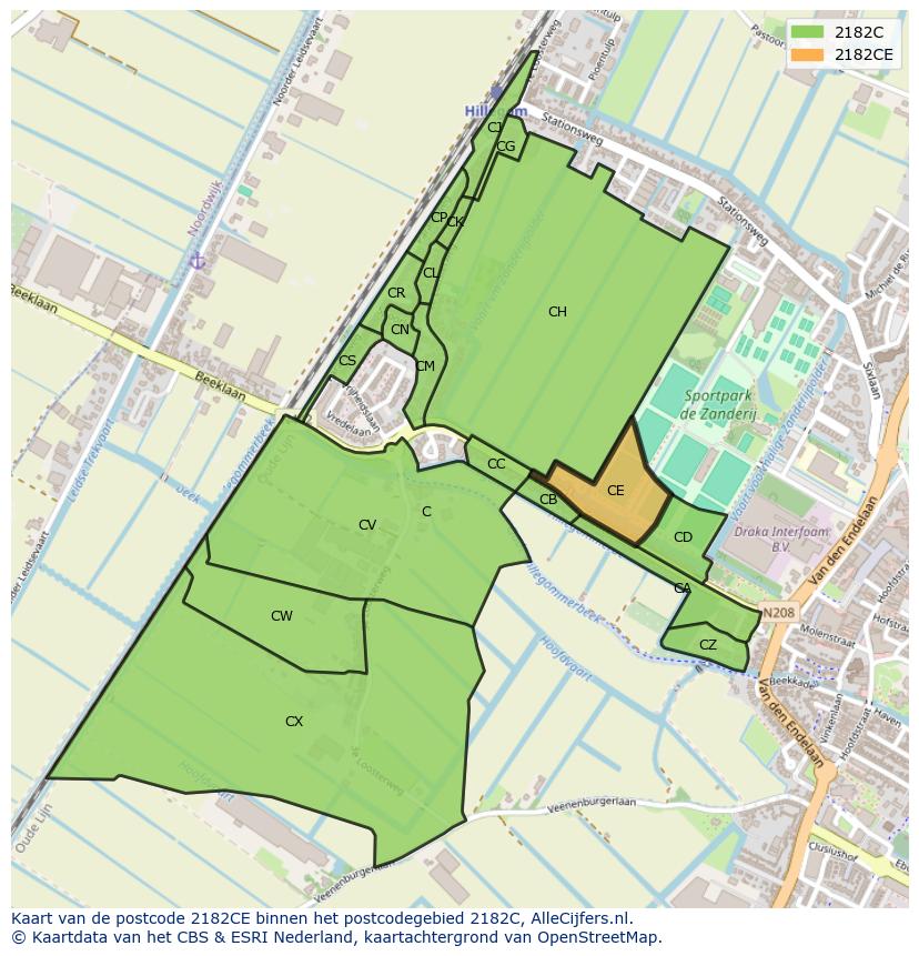 Afbeelding van het postcodegebied 2182 CE op de kaart.