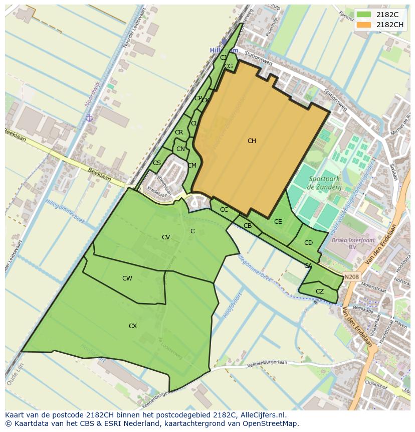 Afbeelding van het postcodegebied 2182 CH op de kaart.