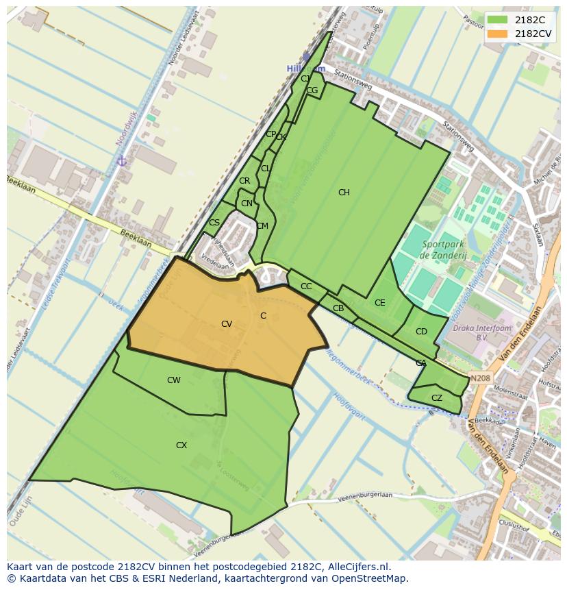 Afbeelding van het postcodegebied 2182 CV op de kaart.