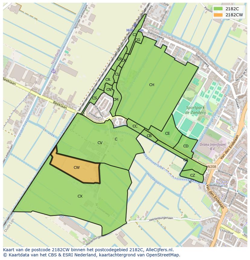 Afbeelding van het postcodegebied 2182 CW op de kaart.