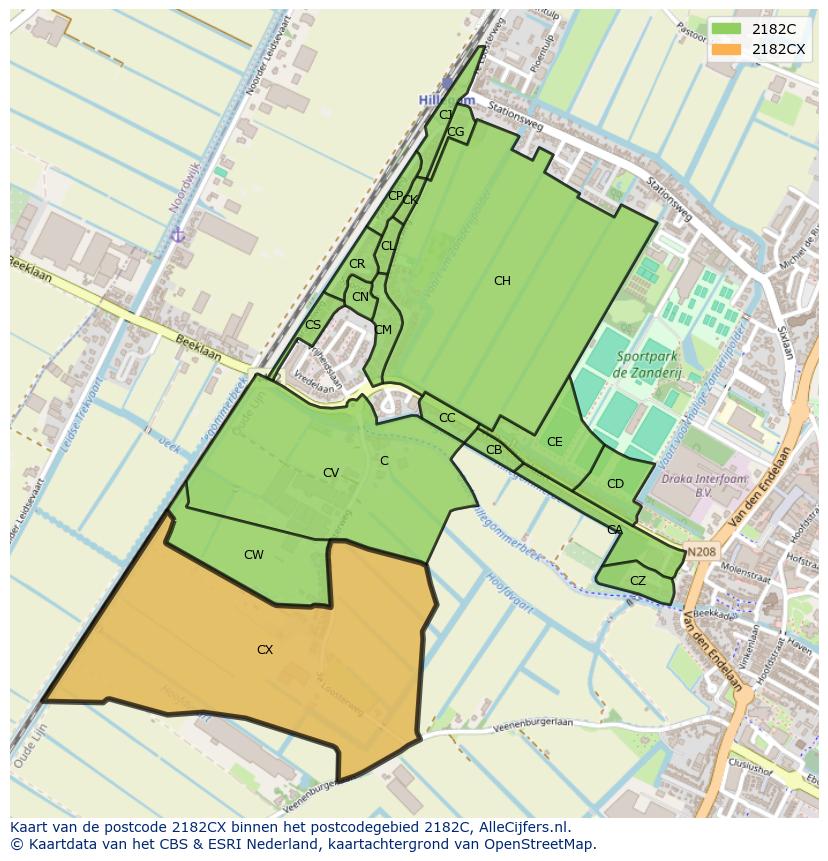 Afbeelding van het postcodegebied 2182 CX op de kaart.