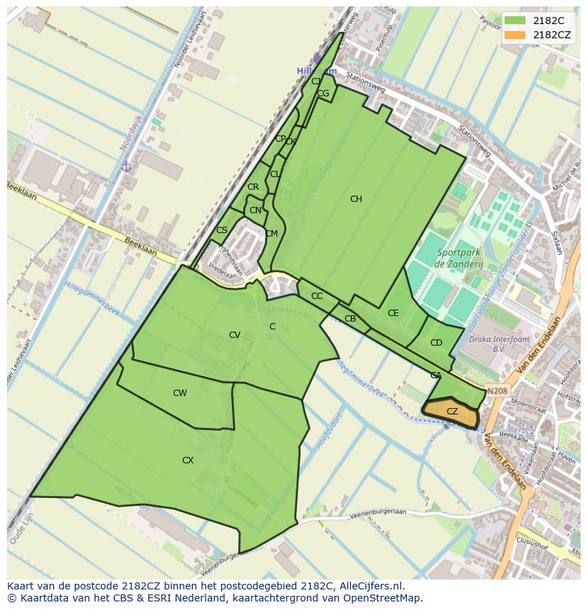 Afbeelding van het postcodegebied 2182 CZ op de kaart.