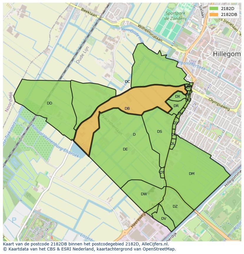 Afbeelding van het postcodegebied 2182 DB op de kaart.
