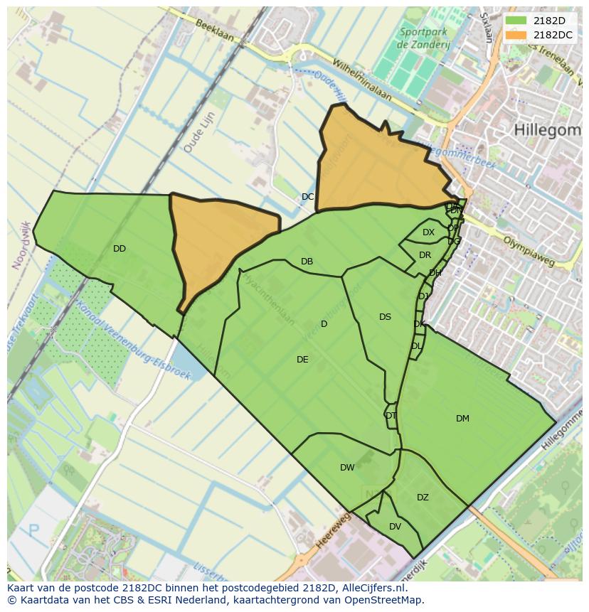 Afbeelding van het postcodegebied 2182 DC op de kaart.