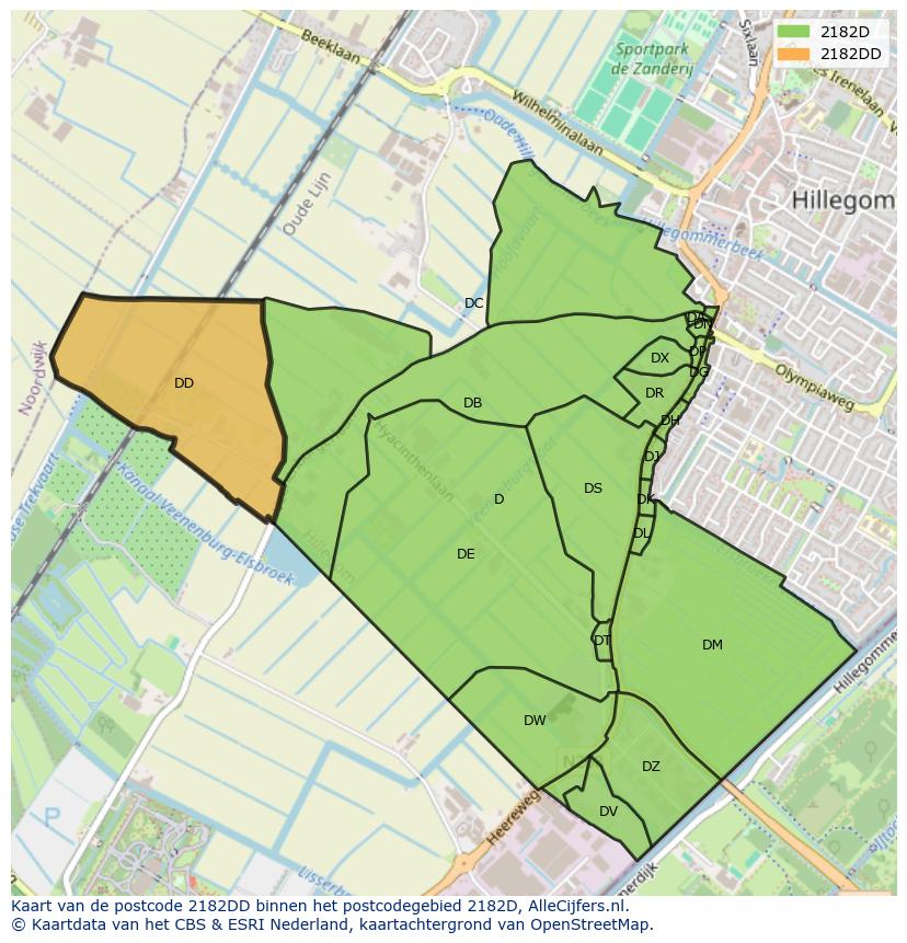 Afbeelding van het postcodegebied 2182 DD op de kaart.